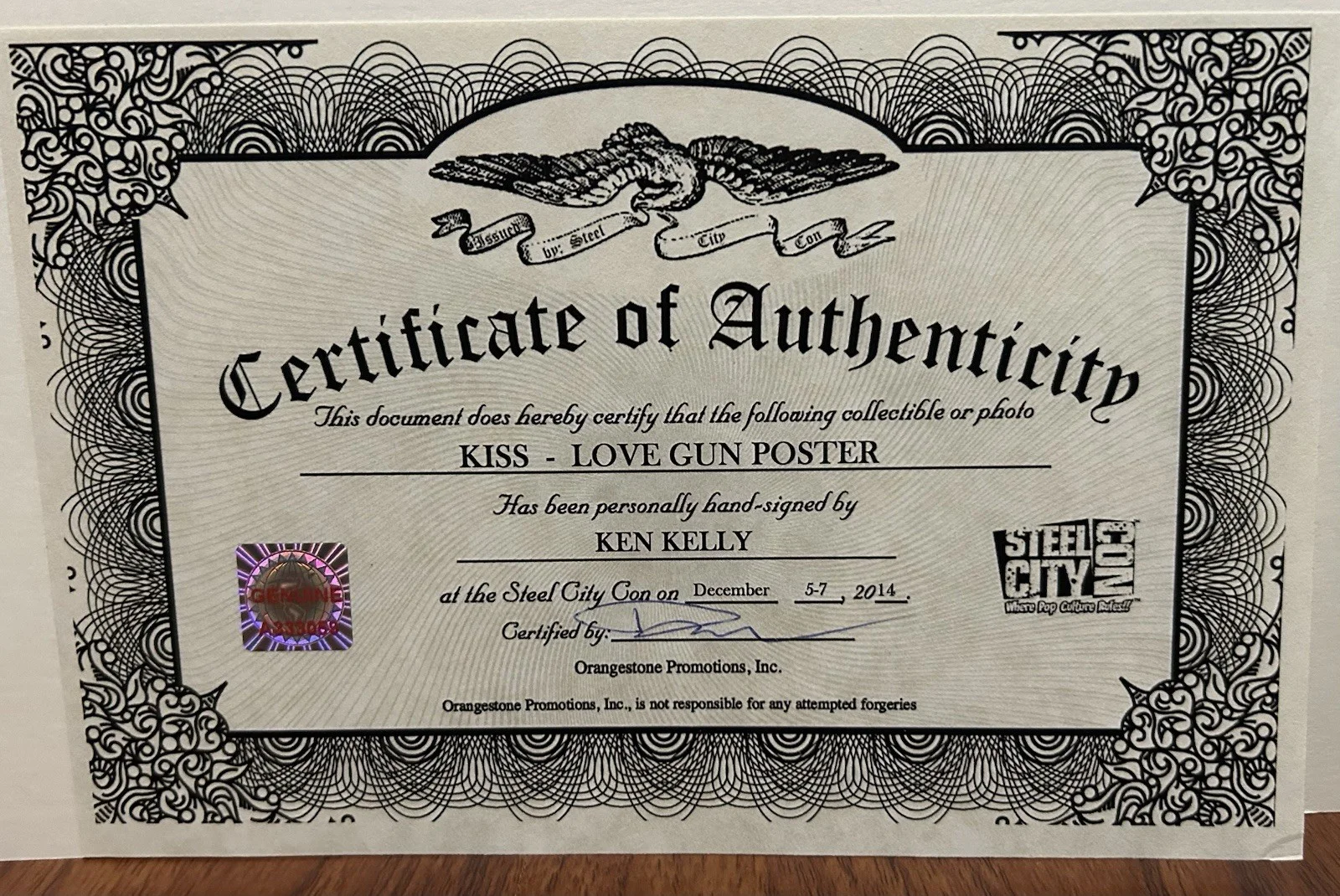 KEN KELLY SIGNED KISS LOVE GUN 11x17 POSTER PRINT STEEL CITY CON COA DEC 2014, изображение 3
