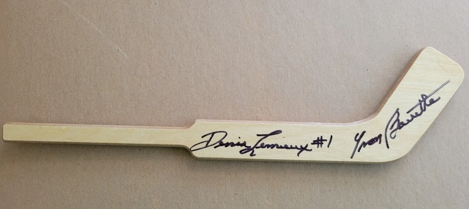 Yvon Barrette — Yvon Barrette Denis Lemieux signed 13 inch mini goalie stick Slap Shot