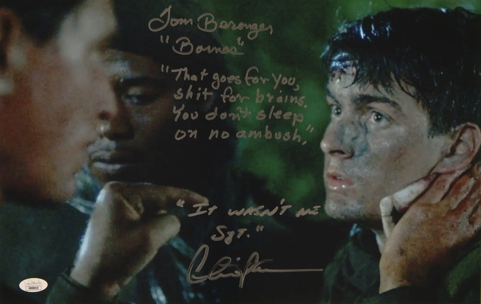 Charlie Sheen, Tom Berenger — Sheen & Berenger Signed 11x17 Photo "It want me SGT." JSA COA Private Signing, image 2