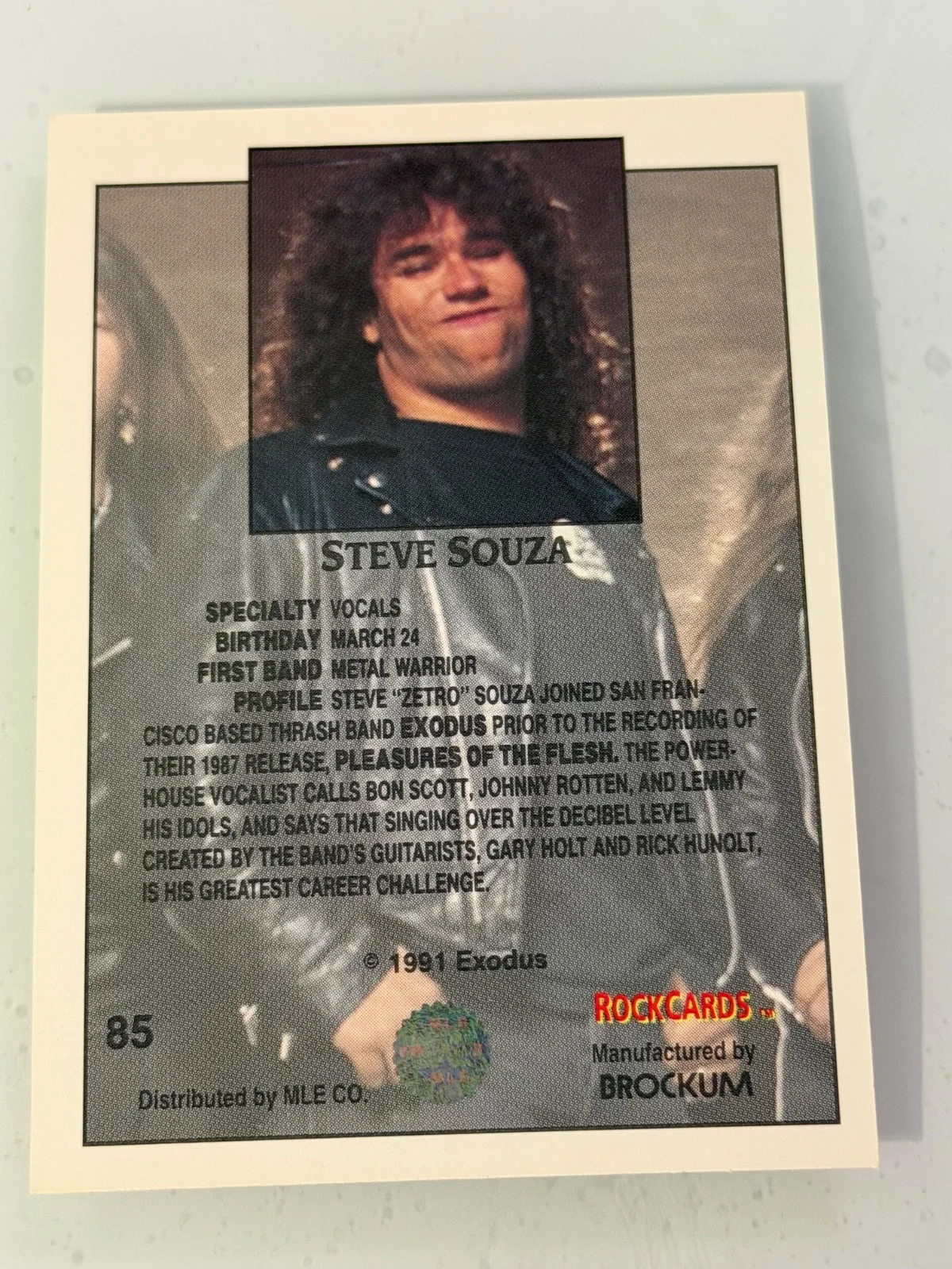 STEVE ZETRO SOUZA of EXODUS SIGNED 1991 BROCKUM ROCK CARD #85, image 2