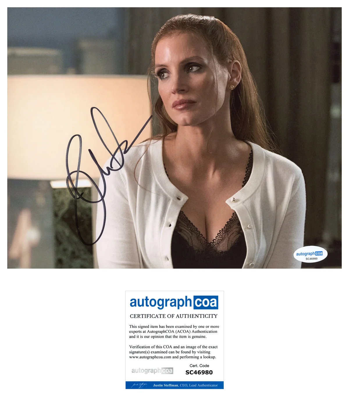 Jessica Chastain — Jessica Chastain Signed Autographed MOLLY'S GAME 8x10 Photo PROOF ACOA J