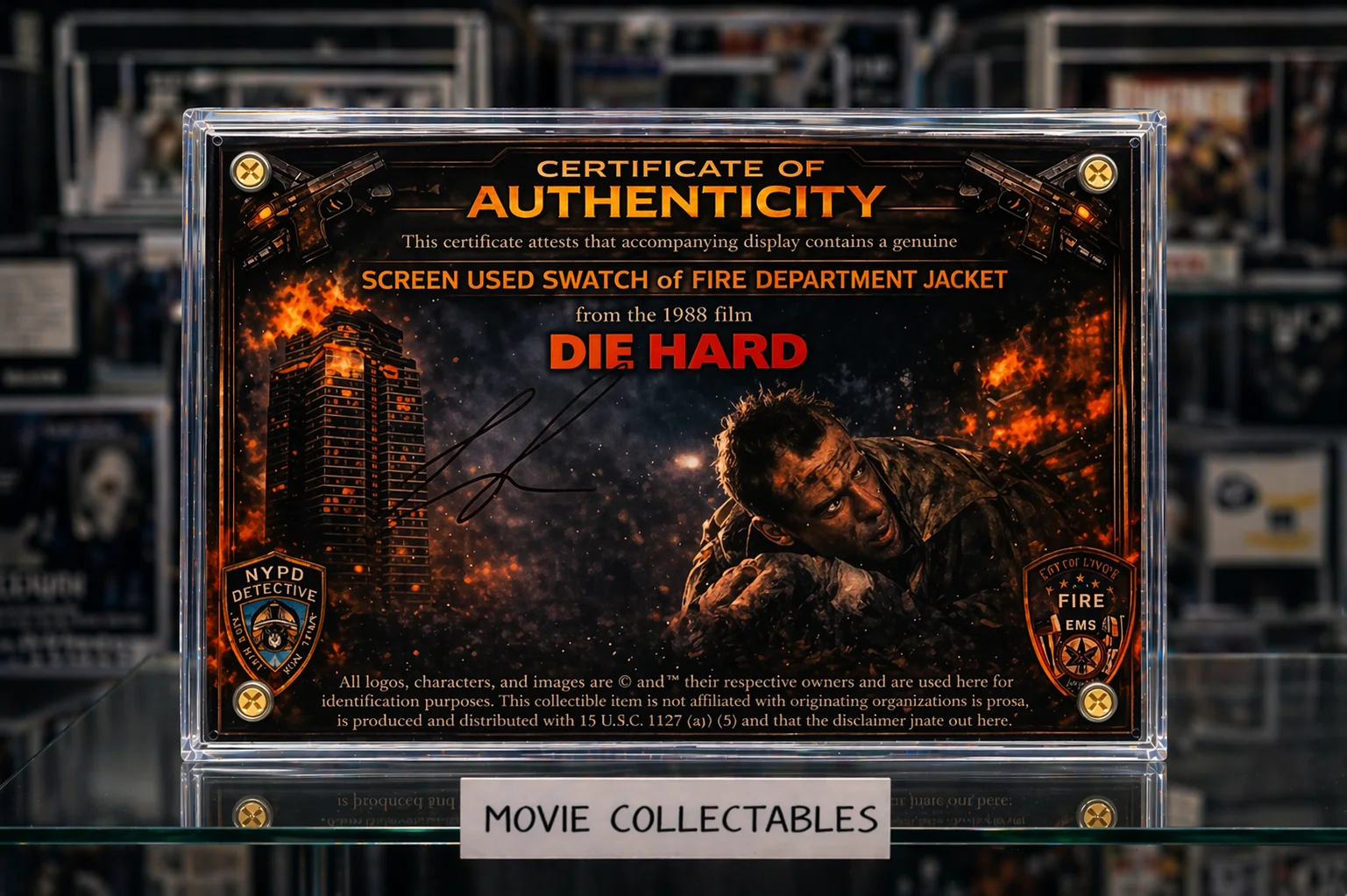 Screen-Used Fabric Swatch – Die Hard Movie Prop Display w/ COA – Fire Dept, image 2
