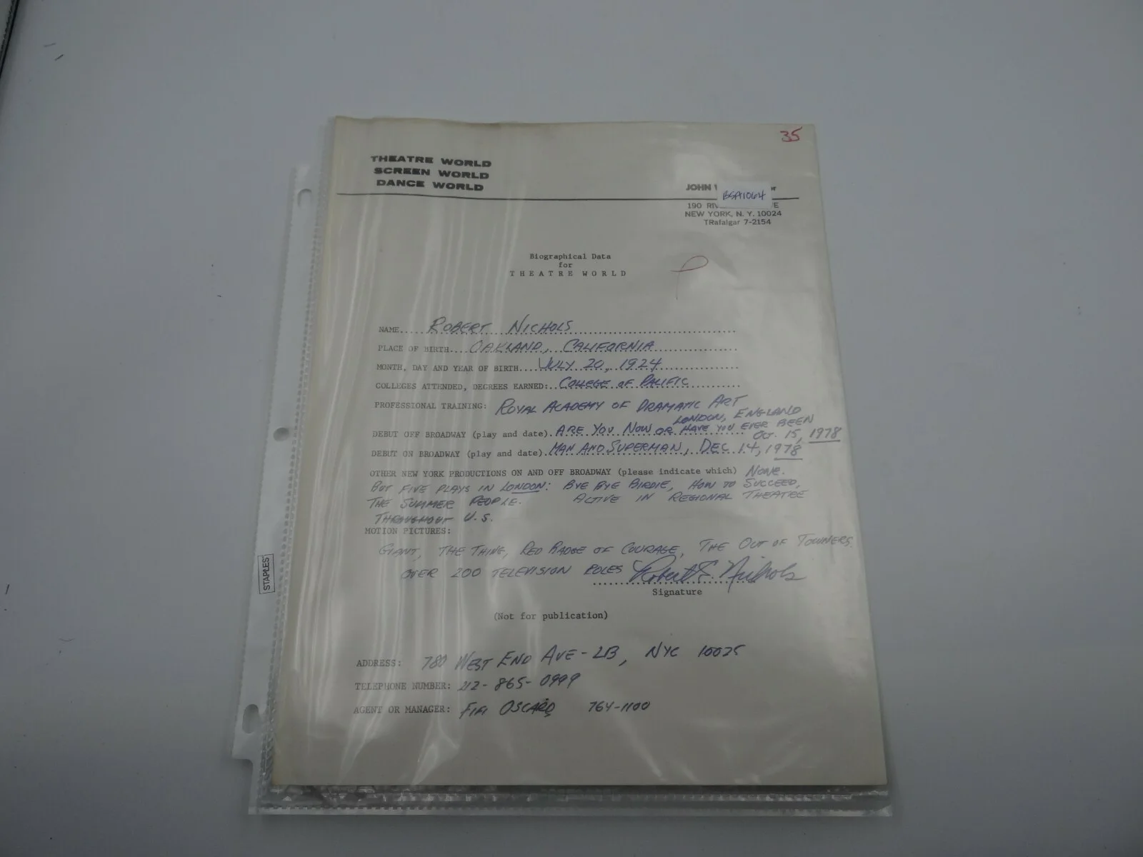 Robert Nichols — Robert Nichols Signed Biographical Data for Theatre World Resume, image 2