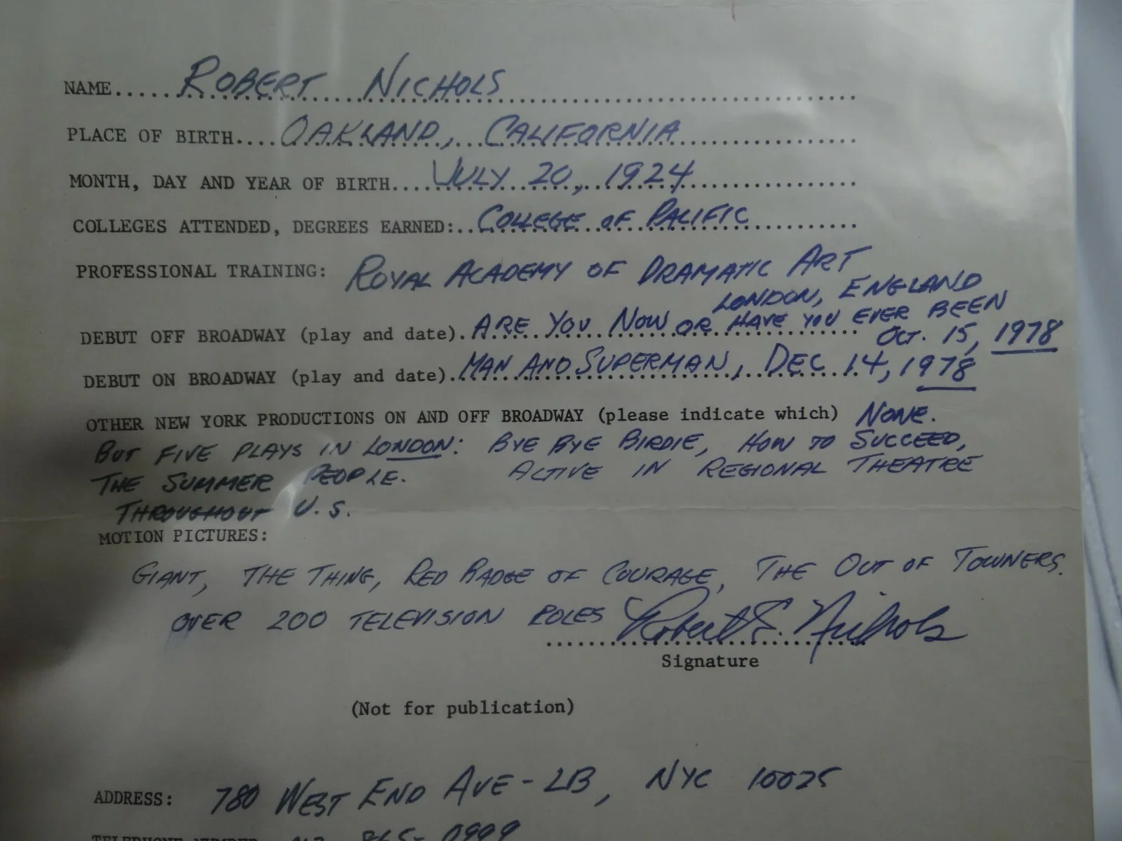 Robert Nichols — Robert Nichols Signed Biographical Data for Theatre World Resume, image 3