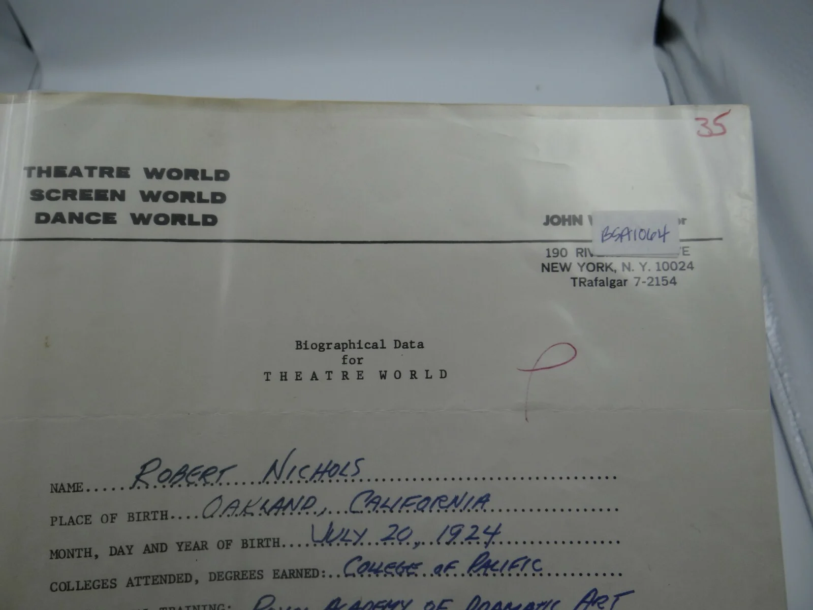 Robert Nichols — Robert Nichols Signed Biographical Data for Theatre World Resume, image 5