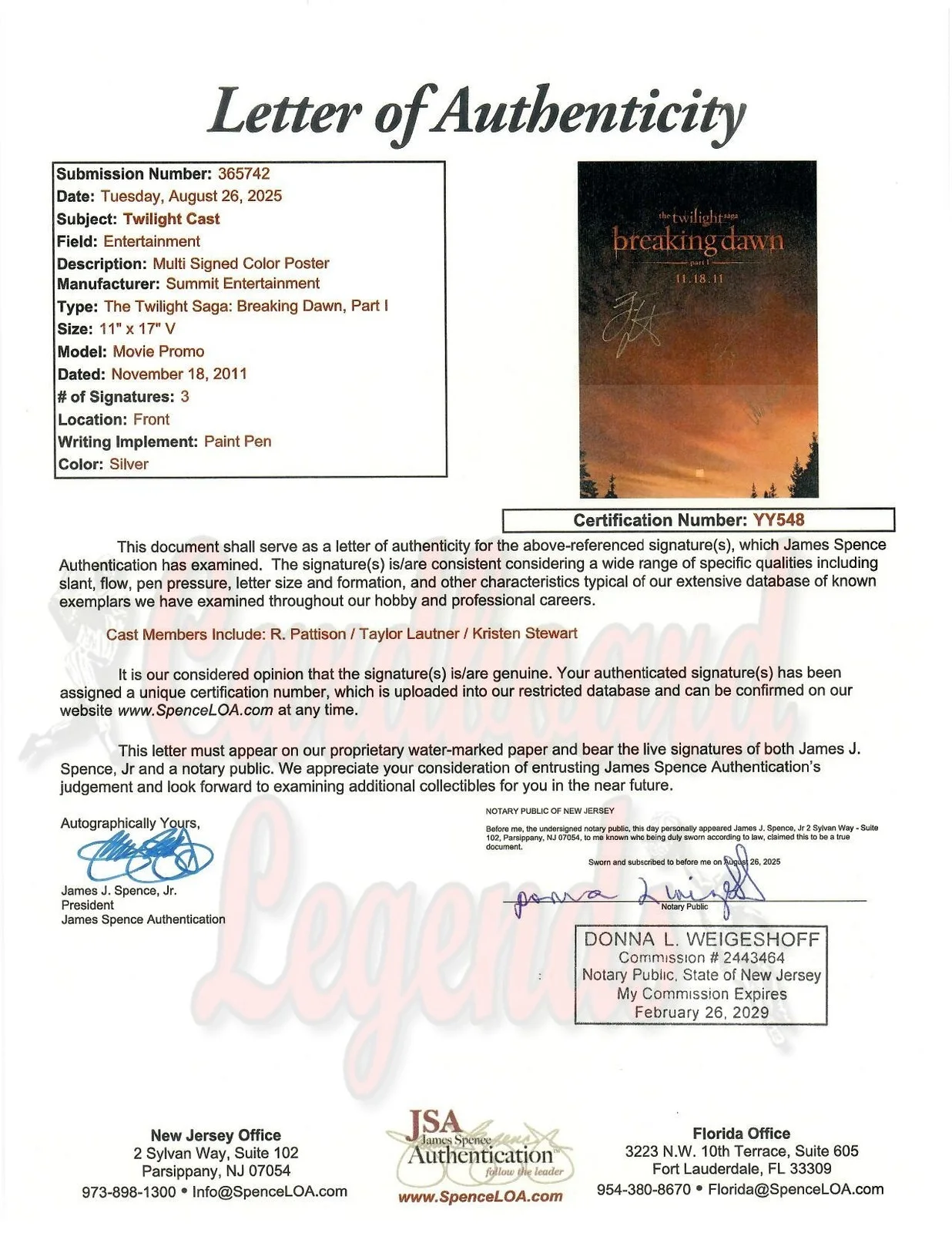 The Twilight Saga Breaking Dawn Cast — The Twilight Saga Breaking Dawn Signed Cast Poster Kristen Stewart +2 Framed JSA, image 4