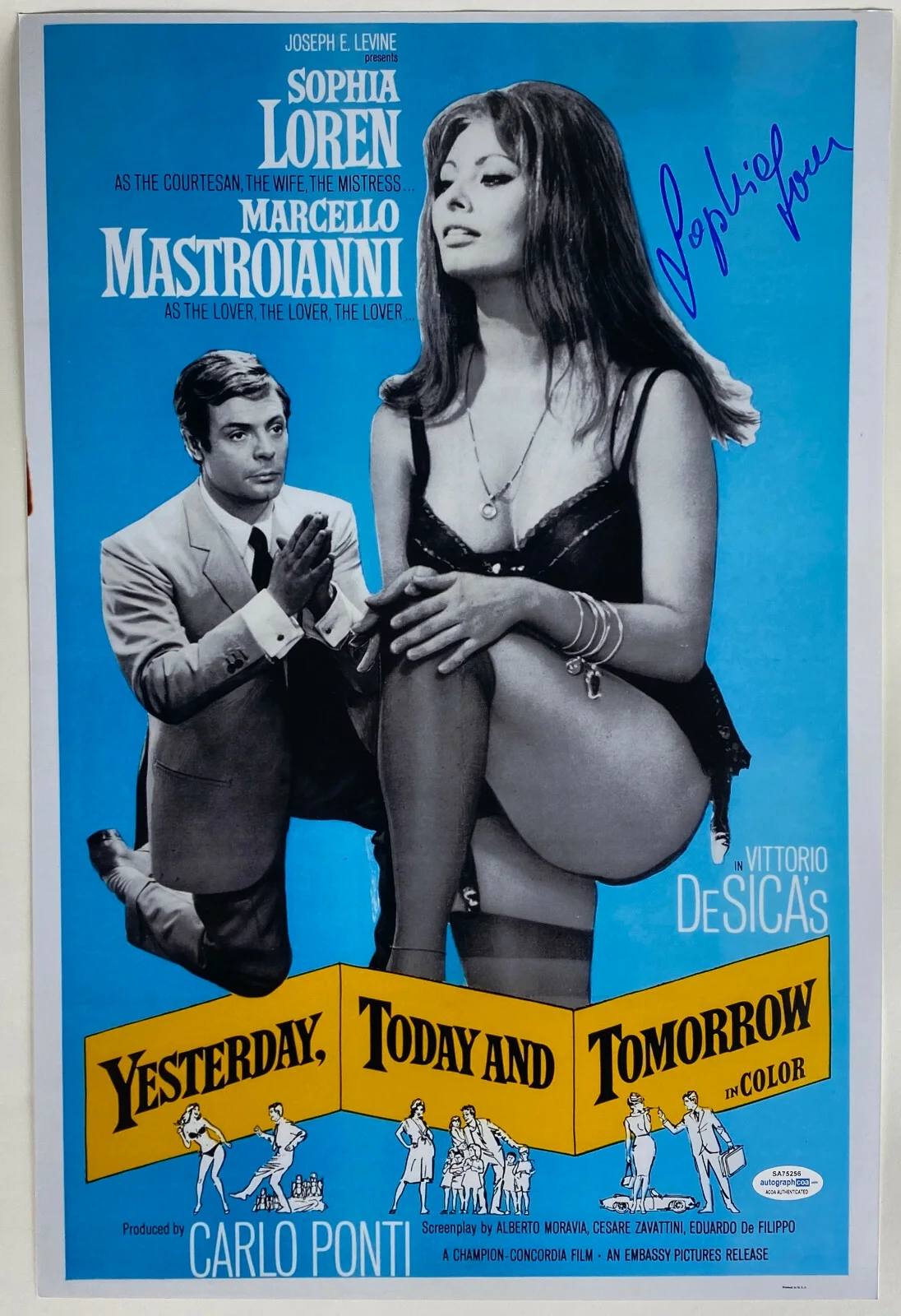 Sophia Loren — Sophia Loren Signed Autographed 'Yesterday Today and Tomorrow 12x18 Photo ACOA B