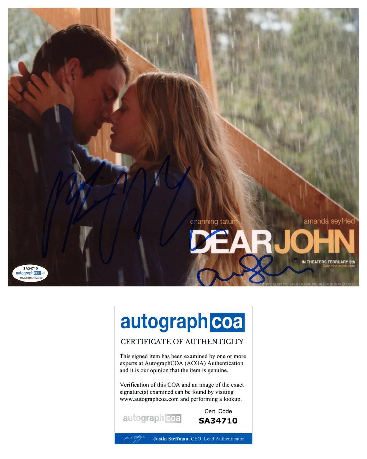 Amanda Seyfried, Channing Tatum — Amanda Seyfried & Channing Tatum Signed 'Dear John' 8x10 Photo PROOF ACOA B