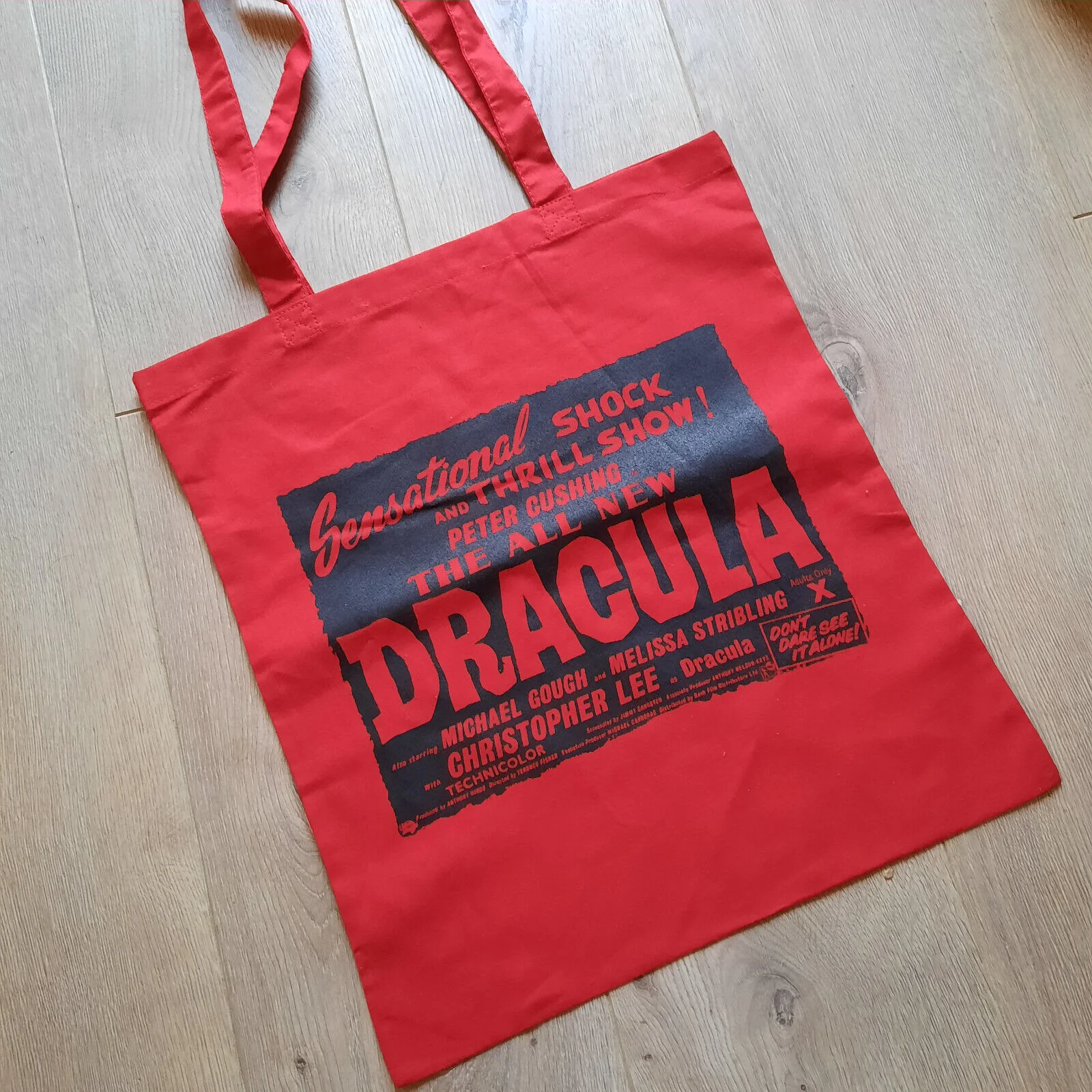'Dracula' Film Poster Black on Red Tote Bag, image 3