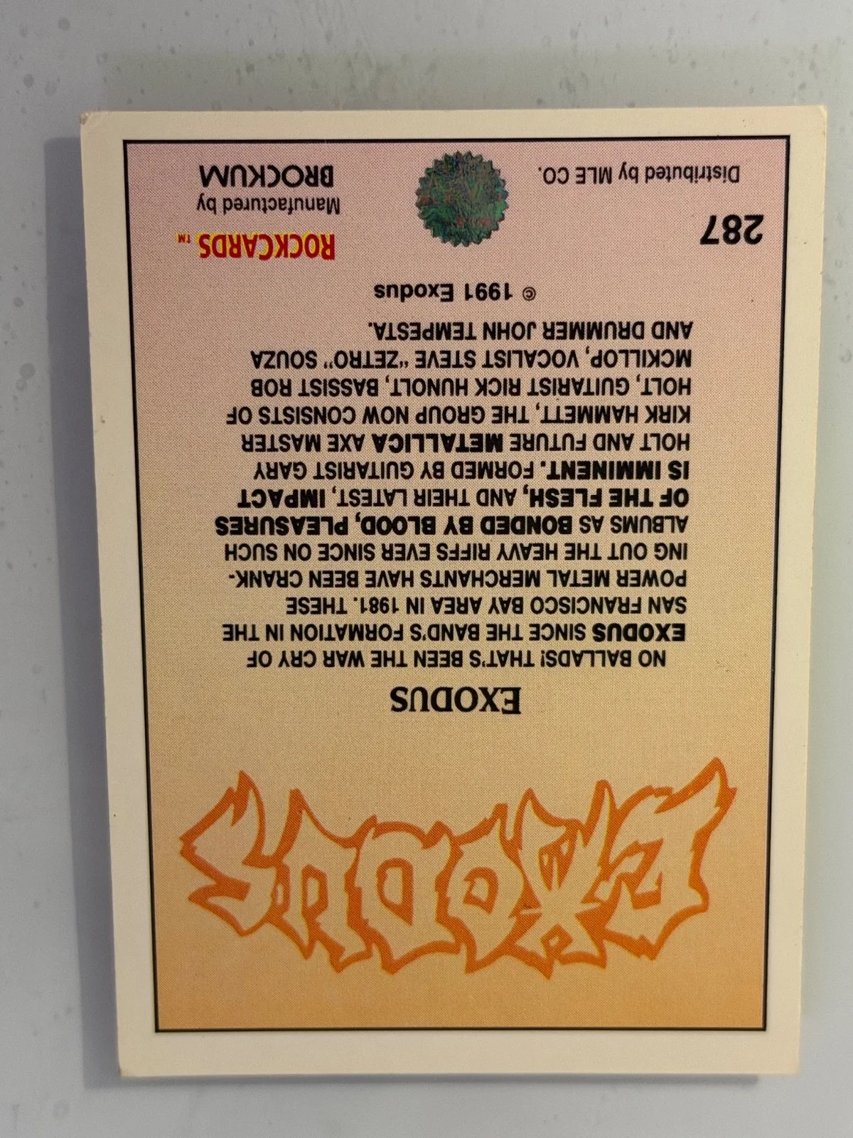 STEVE ZETRO SOUZA of EXODUS SIGNED 1991 BROCKUM ROCK CARD #287, изображение 2
