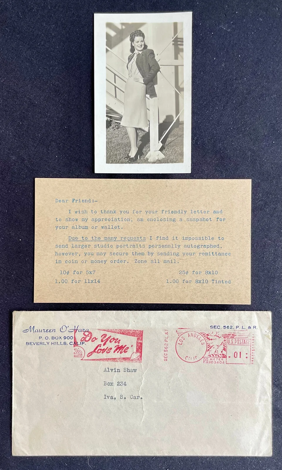 Maureen O'Hara — Maureen O'Hara 2.5x4 fan Photo W/ Note Card & Envelope - Miracle on 34th Street
