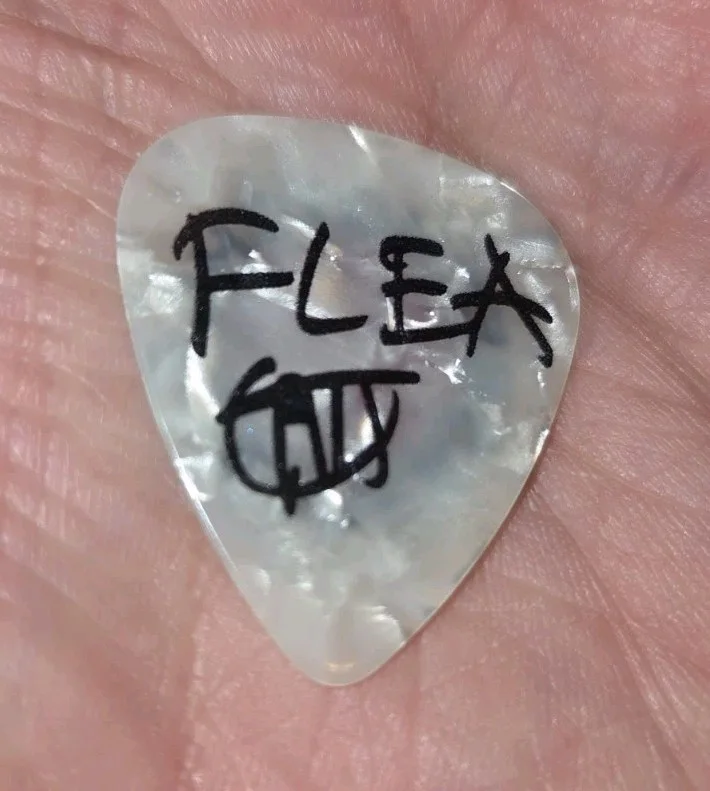 Red Hot Chili Peppers FLEA Signed Bass Guitar Pick Pearl Red Logo, image 2