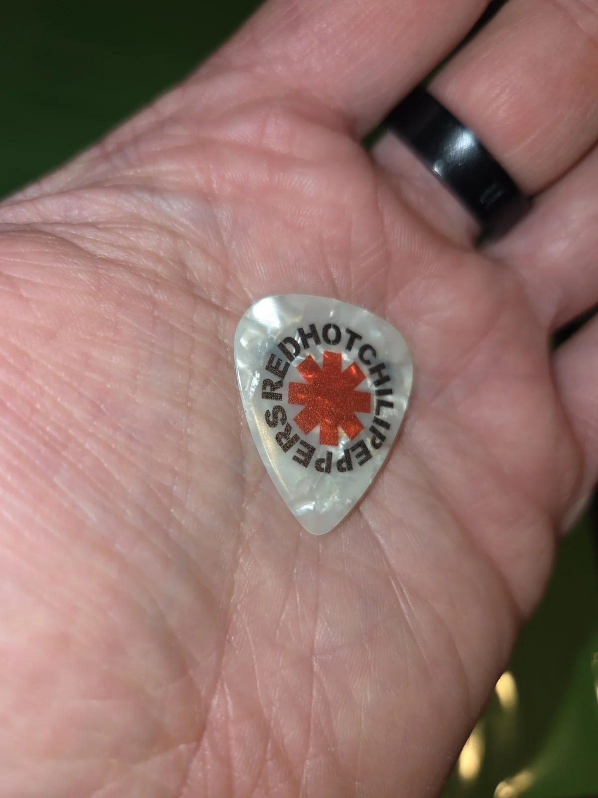 Red Hot Chili Peppers FLEA Signed Bass Guitar Pick Pearl Red Logo, image 3