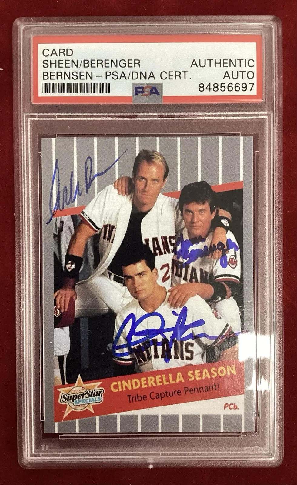 Charlie Sheen, Corbin Bernsen, Tom Berenger — Charlie Sheen Signed Card Major League + Bernsen Berenger Baseball Auto PSA/DNA