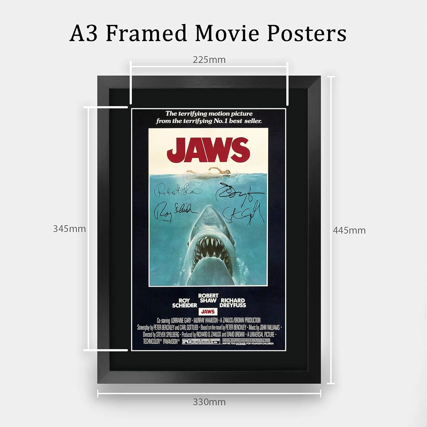 JAWS Movie Poster Cast Signed 16 x 12 inch Framed Gift Printed Autograph Film Ro, image 2