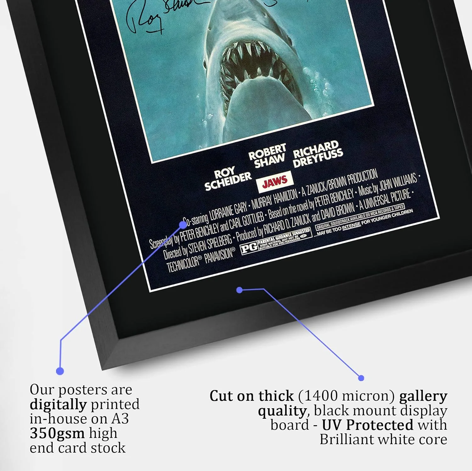 JAWS Movie Poster Cast Signed 16 x 12 inch Framed Gift Printed Autograph Film Ro, image 4