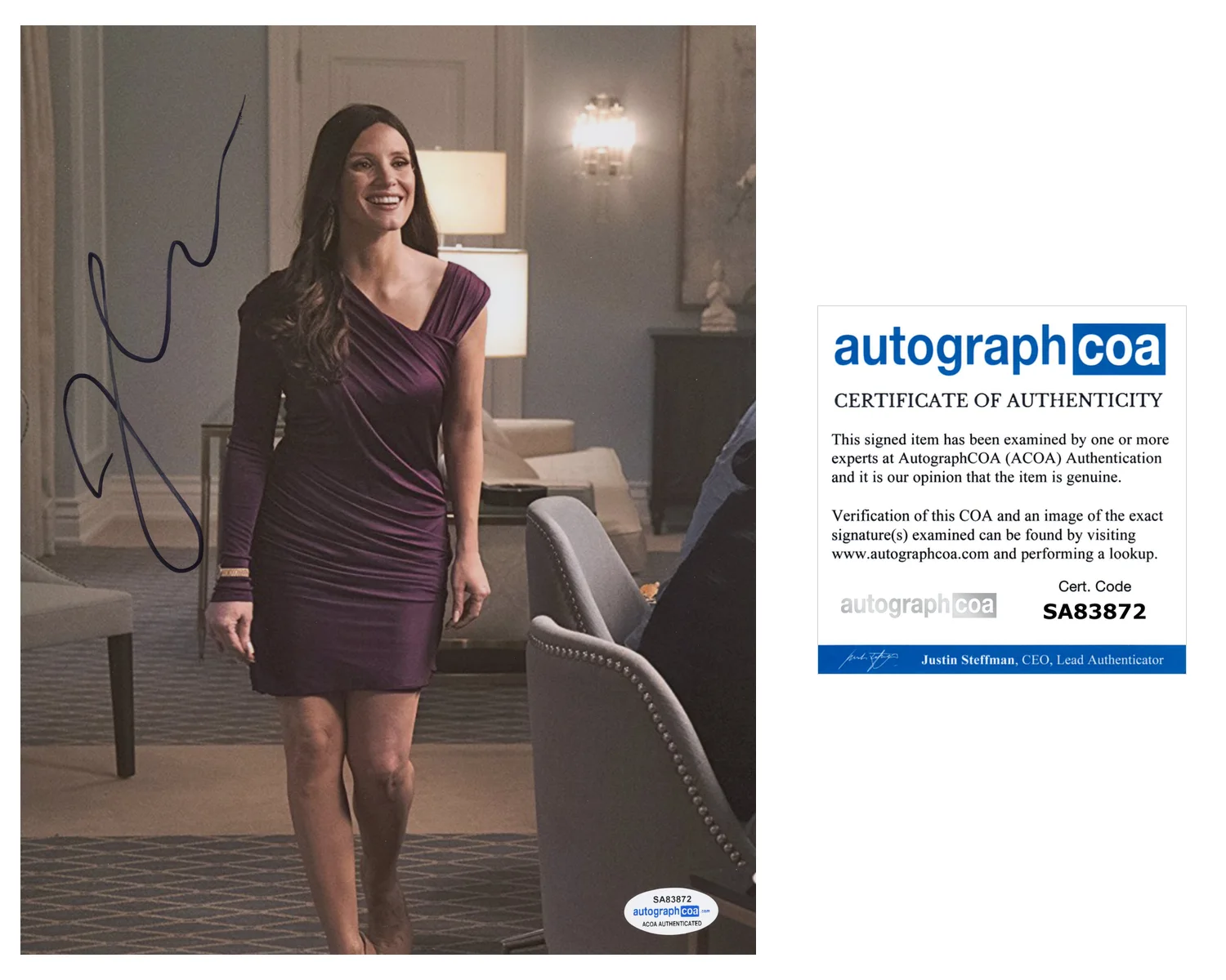 Jessica Chastain — Jessica Chastain Signed Autographed 'Molly's Game' 8x10 Photo PROOF ACOA G