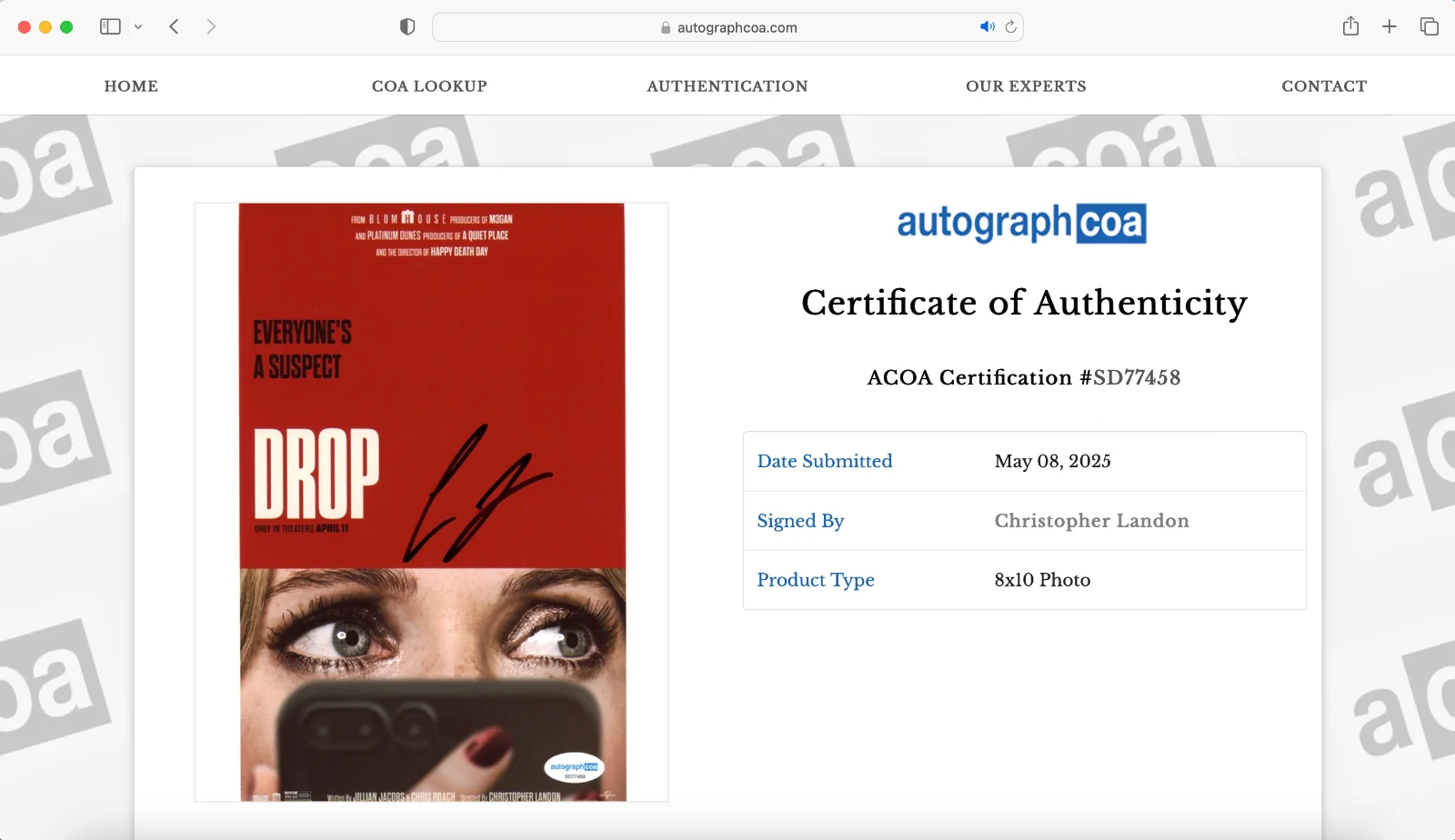 Christopher Landon — Christopher Landon signed 8x10 Photo ACOA Autograph Drop SD77458, image 2
