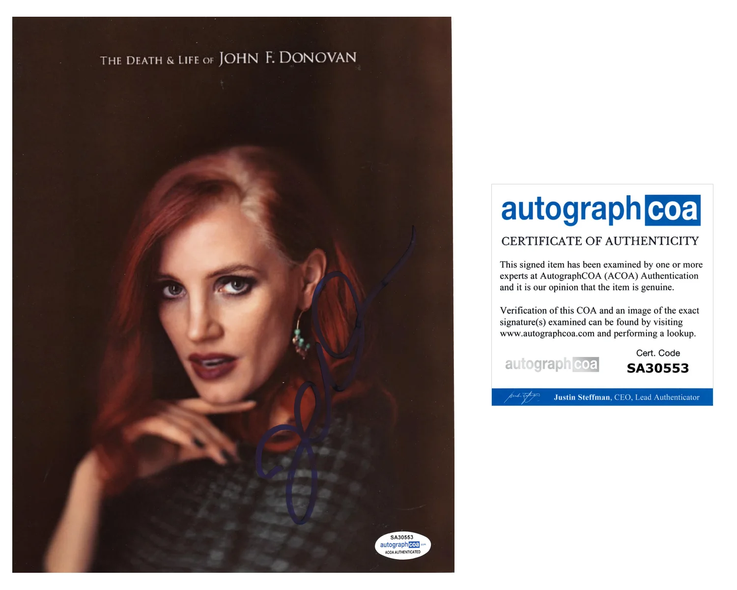 Jessica Chastain — Jessica Chastain Signed 'Death and Life of John F Donovan' 8x10 Photo PROOF ACOA
