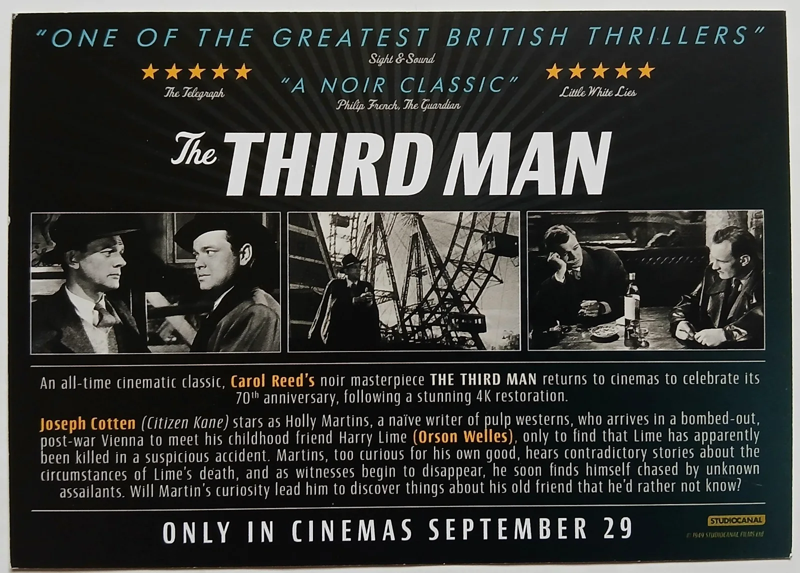 The Third Man Orson Welles Film Postcard x 1 - 70th Anniversary 2019, image 2