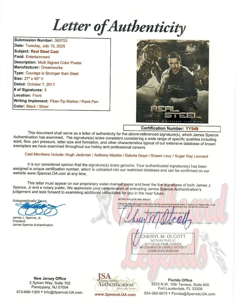 Hugh Jackman, Anthony Mackie, Dakota Goyo, Sugar Ray Leonard — Real Steel Autographed Cast Poster Hugh Jackman Anthony Mackie +3 Framed JSA, image 5