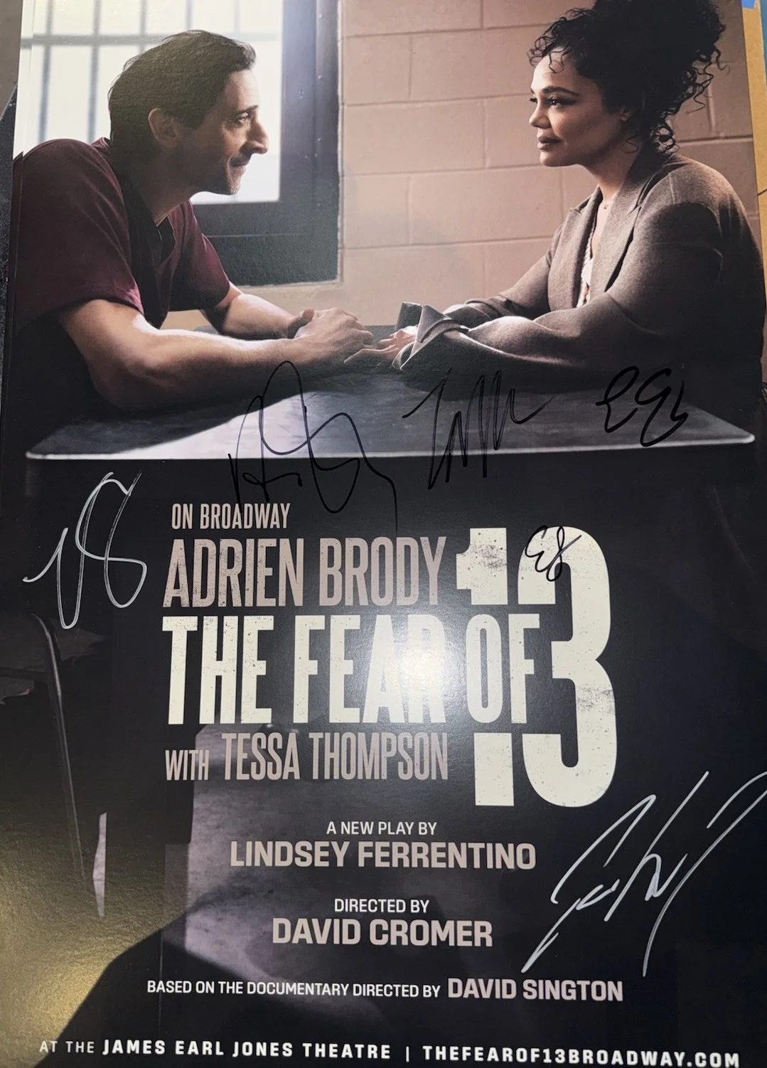 Adrien Brody Tessa Thompson Fear Of 13 Cast Signed Broadway Play Poster Pianist, изображение 2