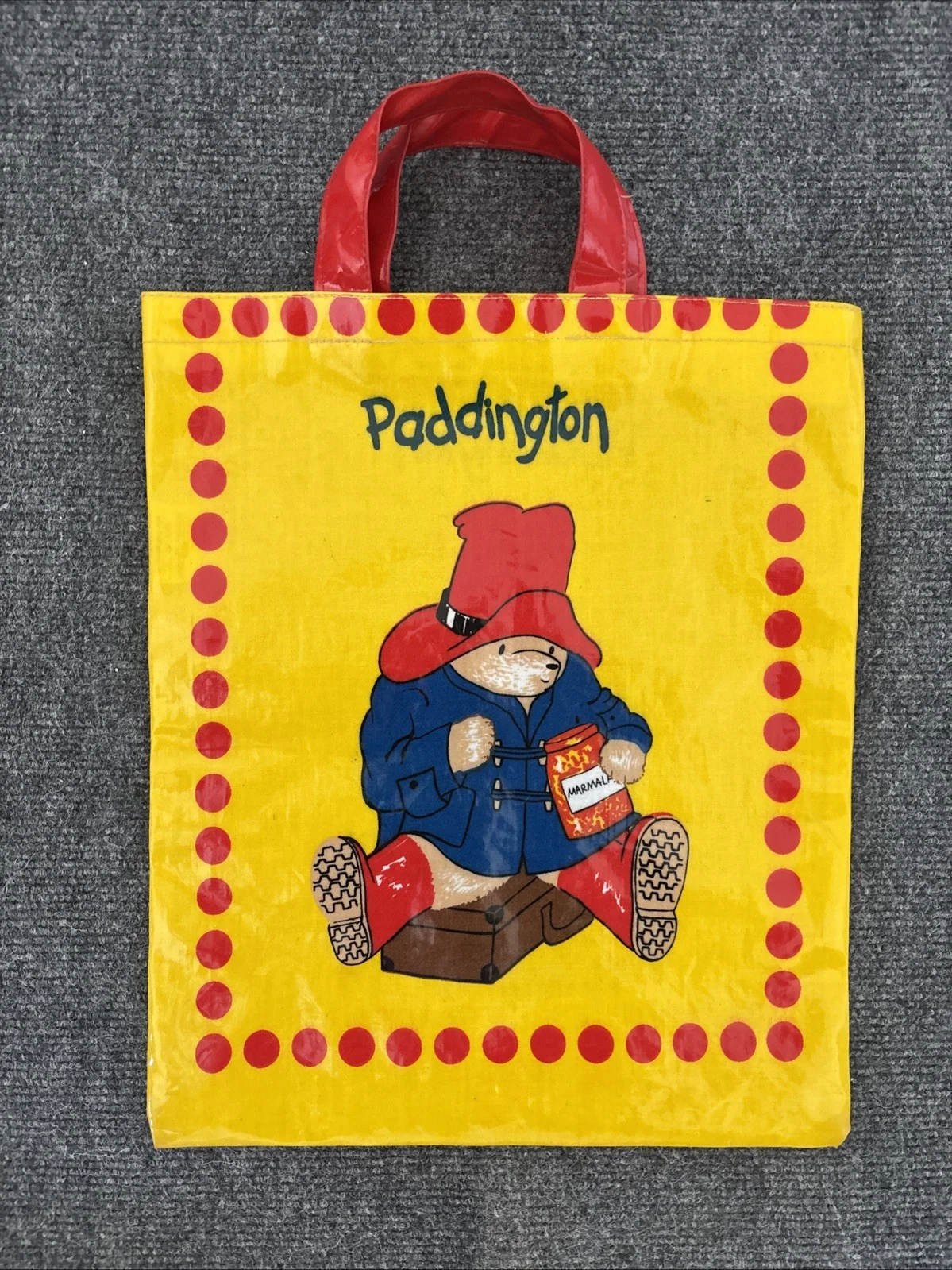 Vintage Paddington Bear Tote Bag Film Fair 1983 Yellow Red PVC Small Handbag, изображение 2