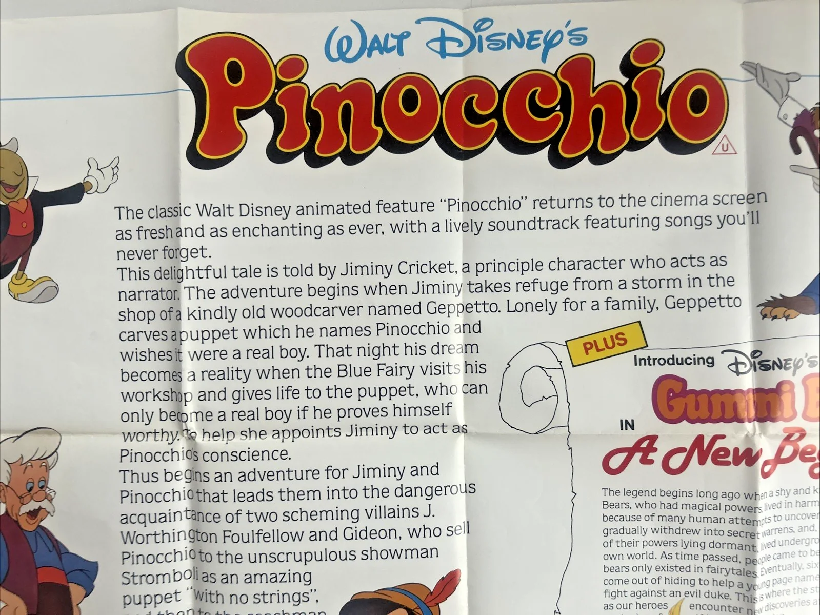 Pinocchio UK Quad Poster - 1986 Disney RR with 'Gummi Bears A New Beginning', изображение 2