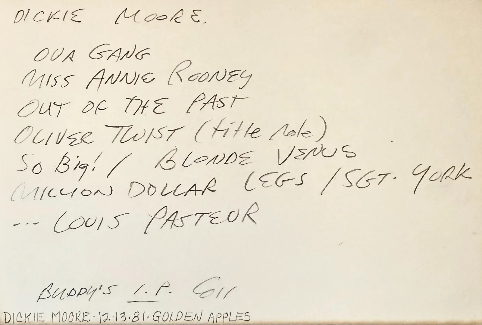 Dickie Moore — DICKIE MOORE Signed Autographed 4"x 6" INDEX CARD Hook and Ladder OLIVER TWIST, изображение 2