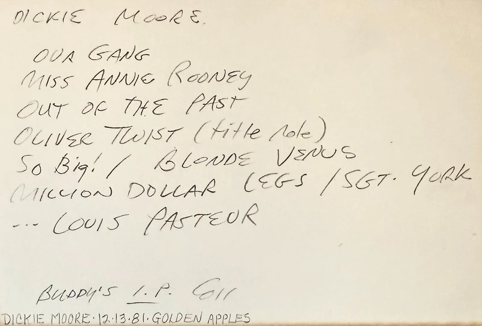 Dickie Moore — DICKIE MOORE Signed Autographed 4"x 6" INDEX CARD Hook and Ladder OLIVER TWIST, изображение 4