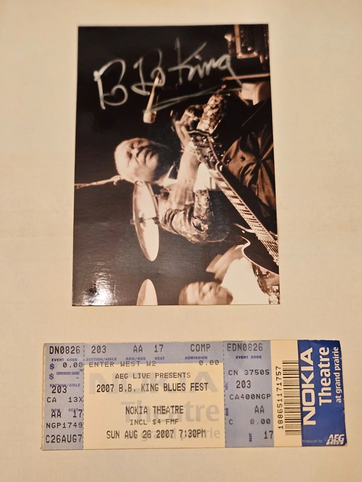 B.B. King — Autographed Photo of B.B. King And 2007 Ticket Stub Blues Fest Texas