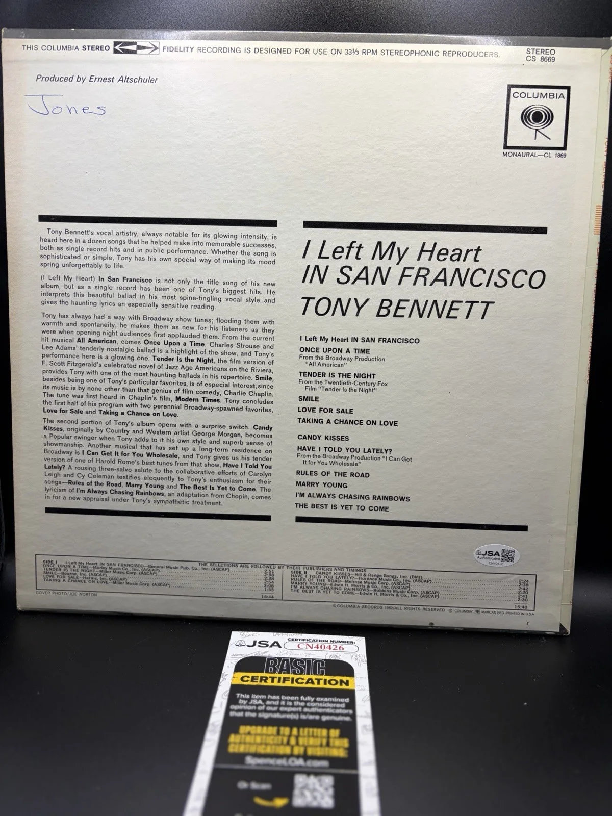 Tony Bennett signed Vinyl Auto I Left My Heart JSA Coa, image 2