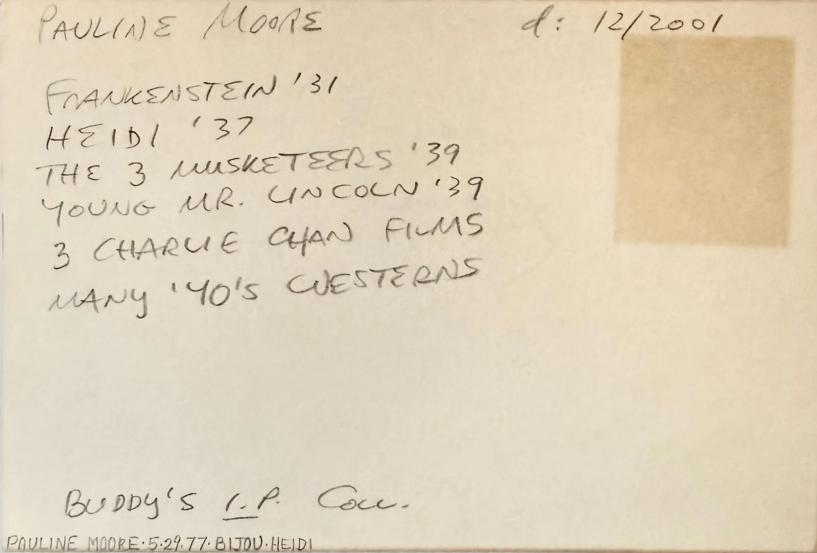 Pauline Moore — PAULINE MOORE Signed Autographed 4x6 INDEX CARD Charlie Chan at Treasure Island, image 2