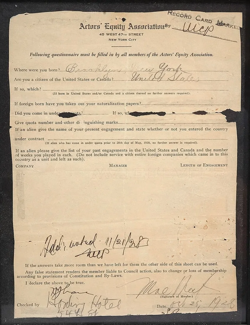 Mae West — Mae West Vintage 1928 signed theater document New York history Diamond Lil