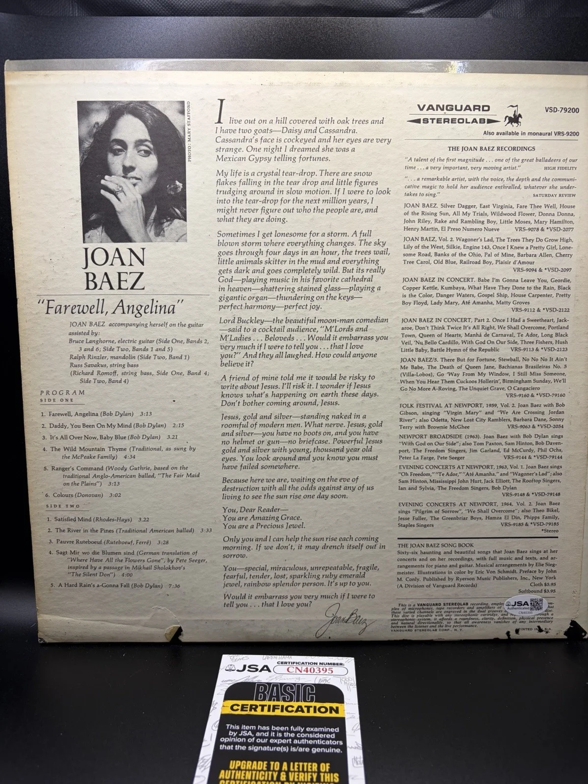 * JOAN BAEZ * signed vinyl album * FAREWELL, ANGELINA * JSA Coa, image 4