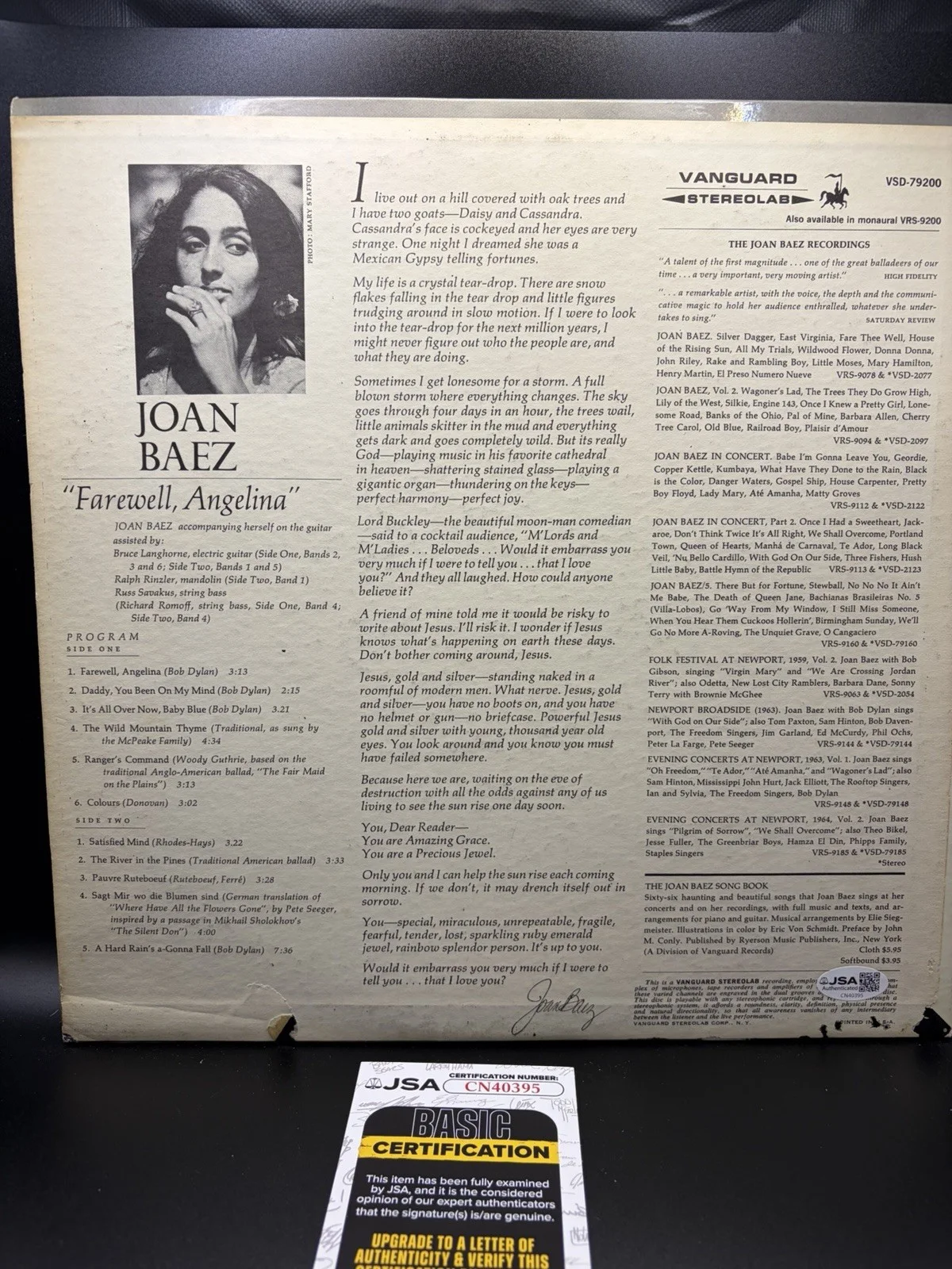 * JOAN BAEZ * signed vinyl album * FAREWELL, ANGELINA * JSA Coa, image 5