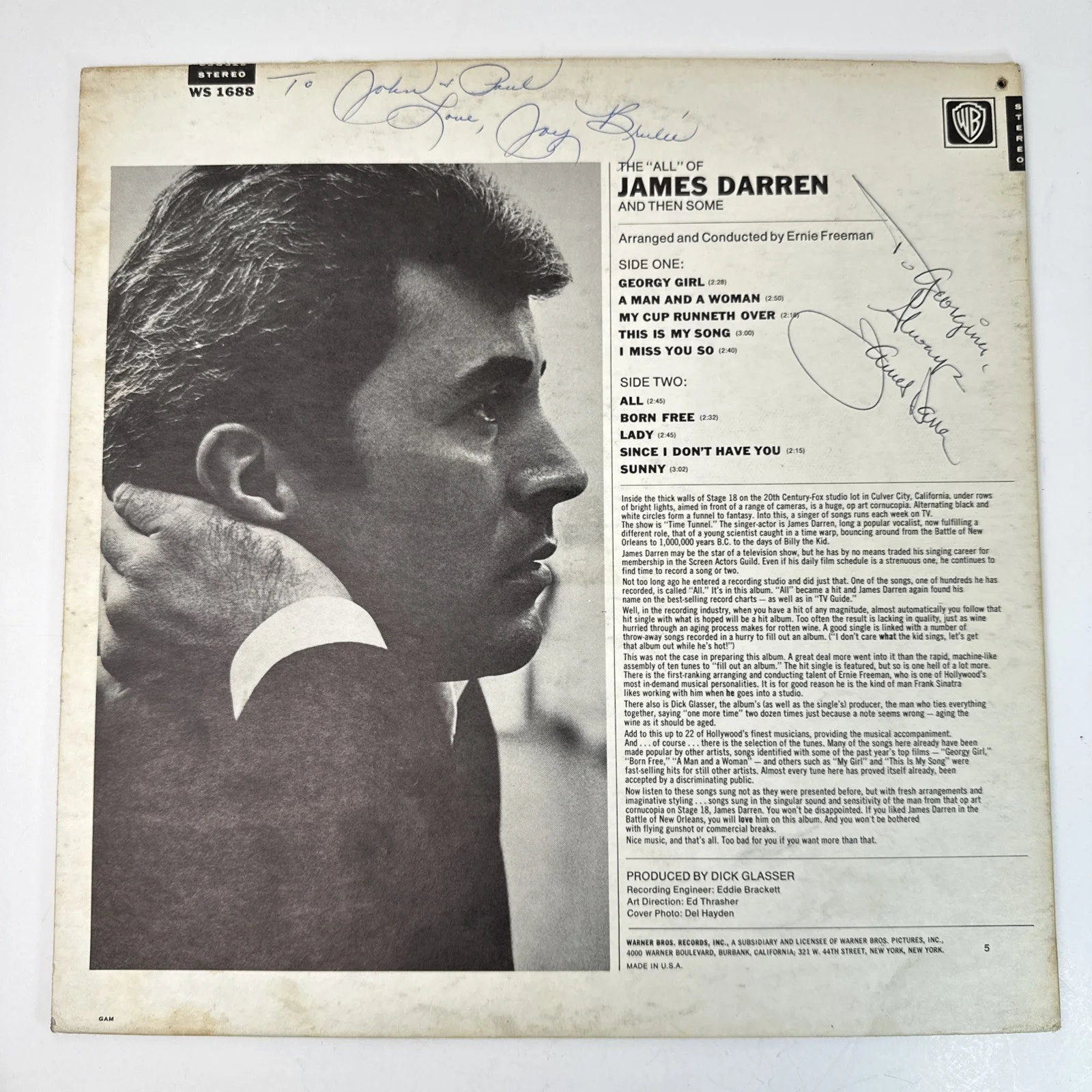 James Darren “All” Album, Back Cover SIGNED by the Artist, + Mystery Signature, изображение 2