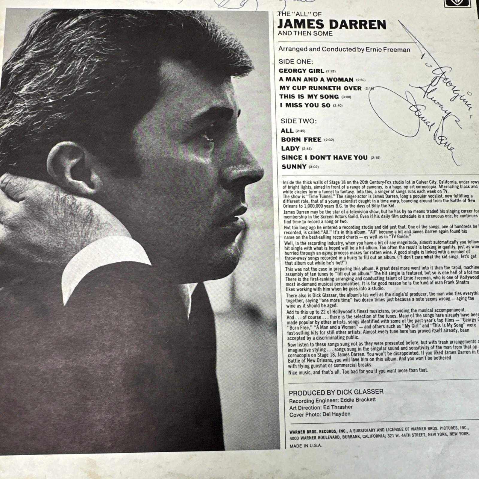 James Darren “All” Album, Back Cover SIGNED by the Artist, + Mystery Signature, изображение 5