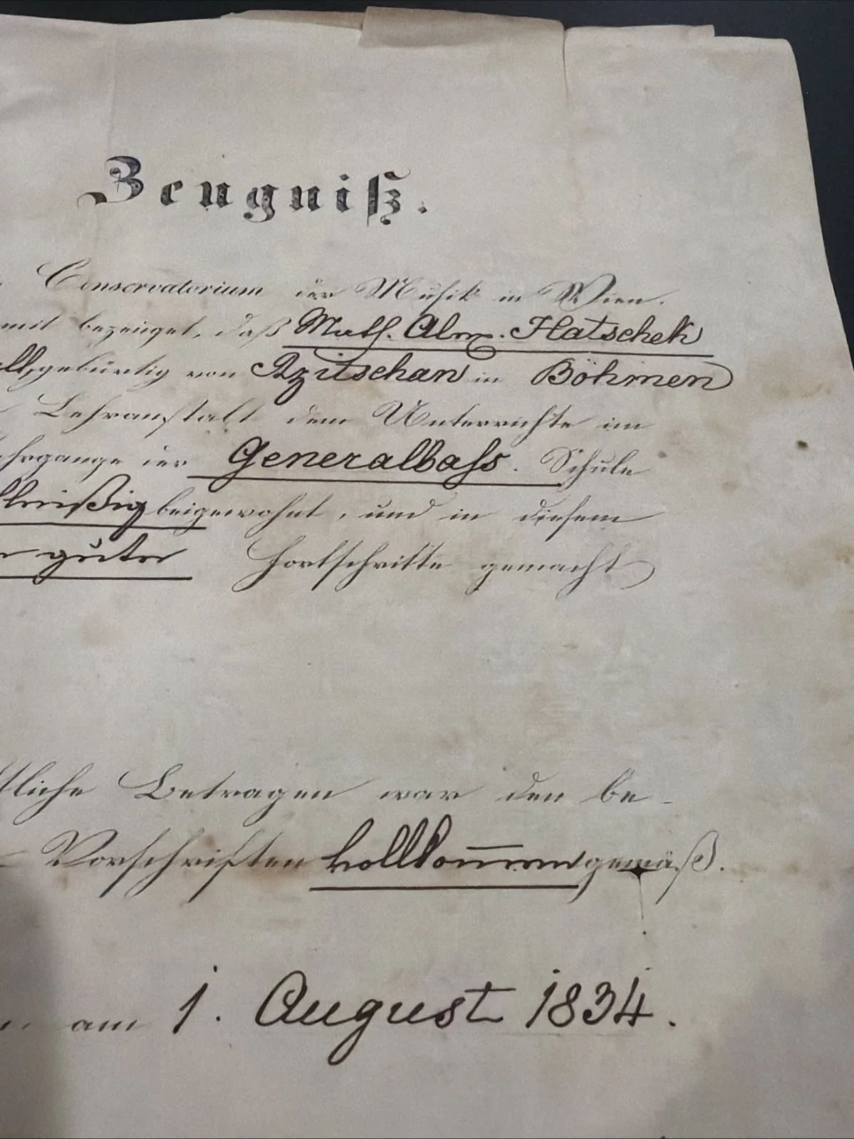 1834 Vienna Music Conservatory Diploma Generalbass Signed Composer C G Salzmann, image 3