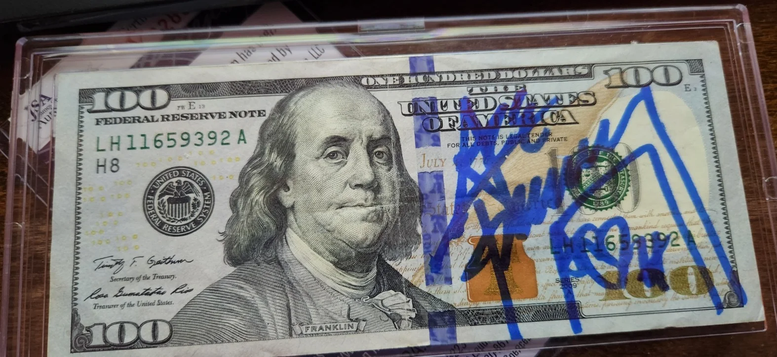 kiss ACE FREHLEY SIGNED $100 CURRENCY BILL JSA V02807 COA, изображение 3