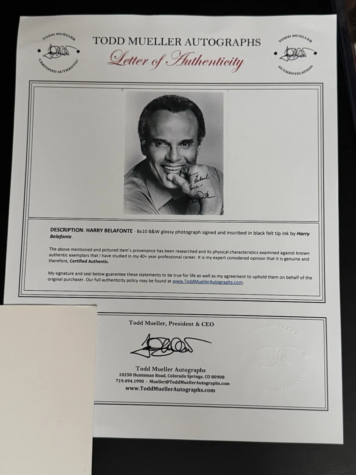 HARRY BELAFONTE SIGNED 8 X 10 PHOTO SINGER DAY-O BEETLEJUICE SONG DIED 2023 COA, изображение 2