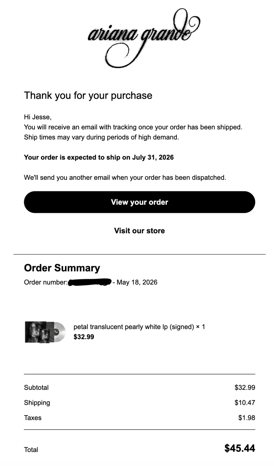 Ariana Grande Petal SIGNED Vinyl Translucent Pearly White LP PREORDER, image 4