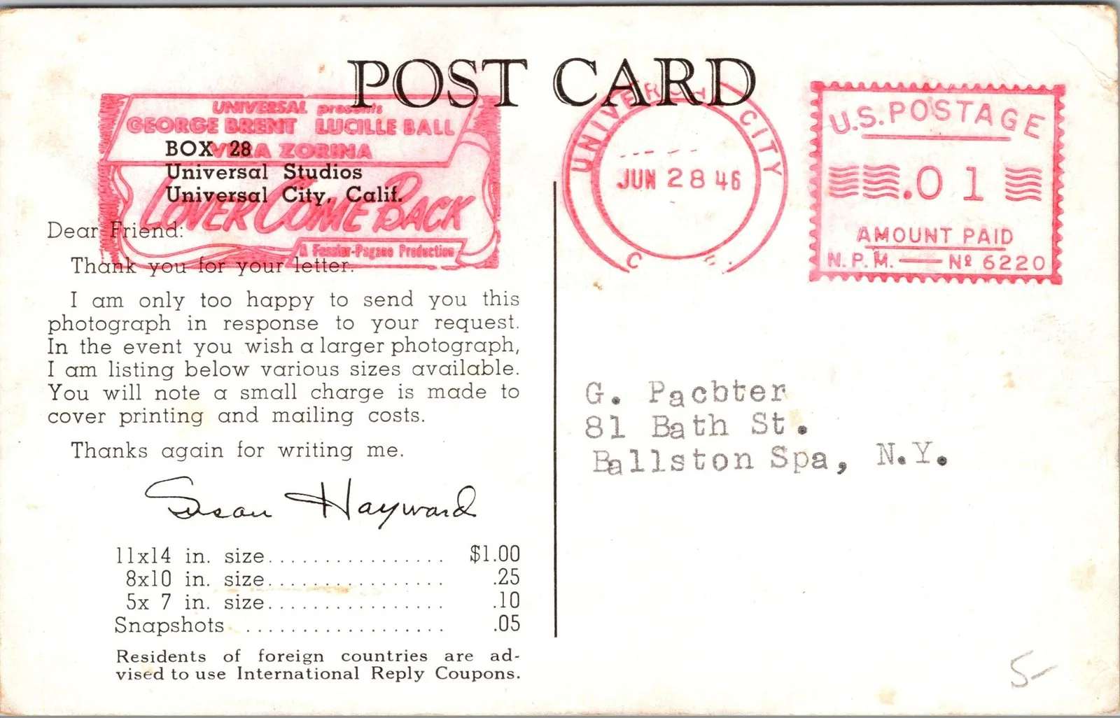 Susan Hayward — Susan Hayward Signed Autograph Postcard Universal Studios Postmarked 1946 Rare, image 2