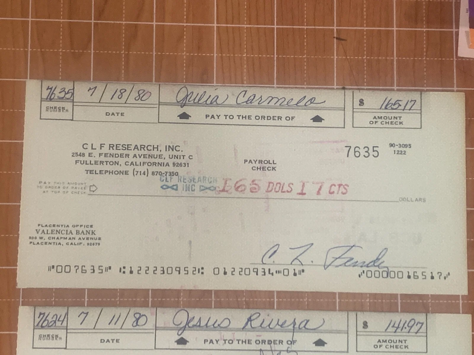 Leo Fender and George Fullerton Signed Bank Checks - Fender Guitars, image 2