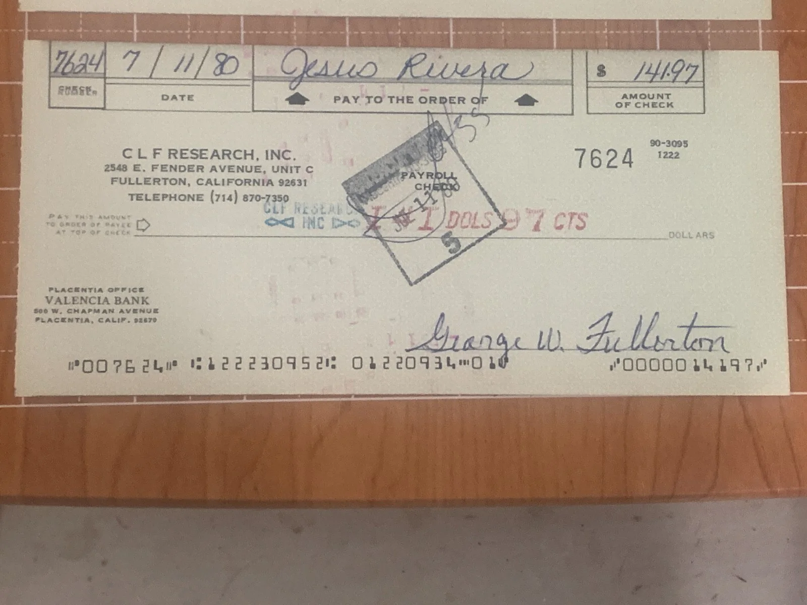 Leo Fender and George Fullerton Signed Bank Checks - Fender Guitars, image 3