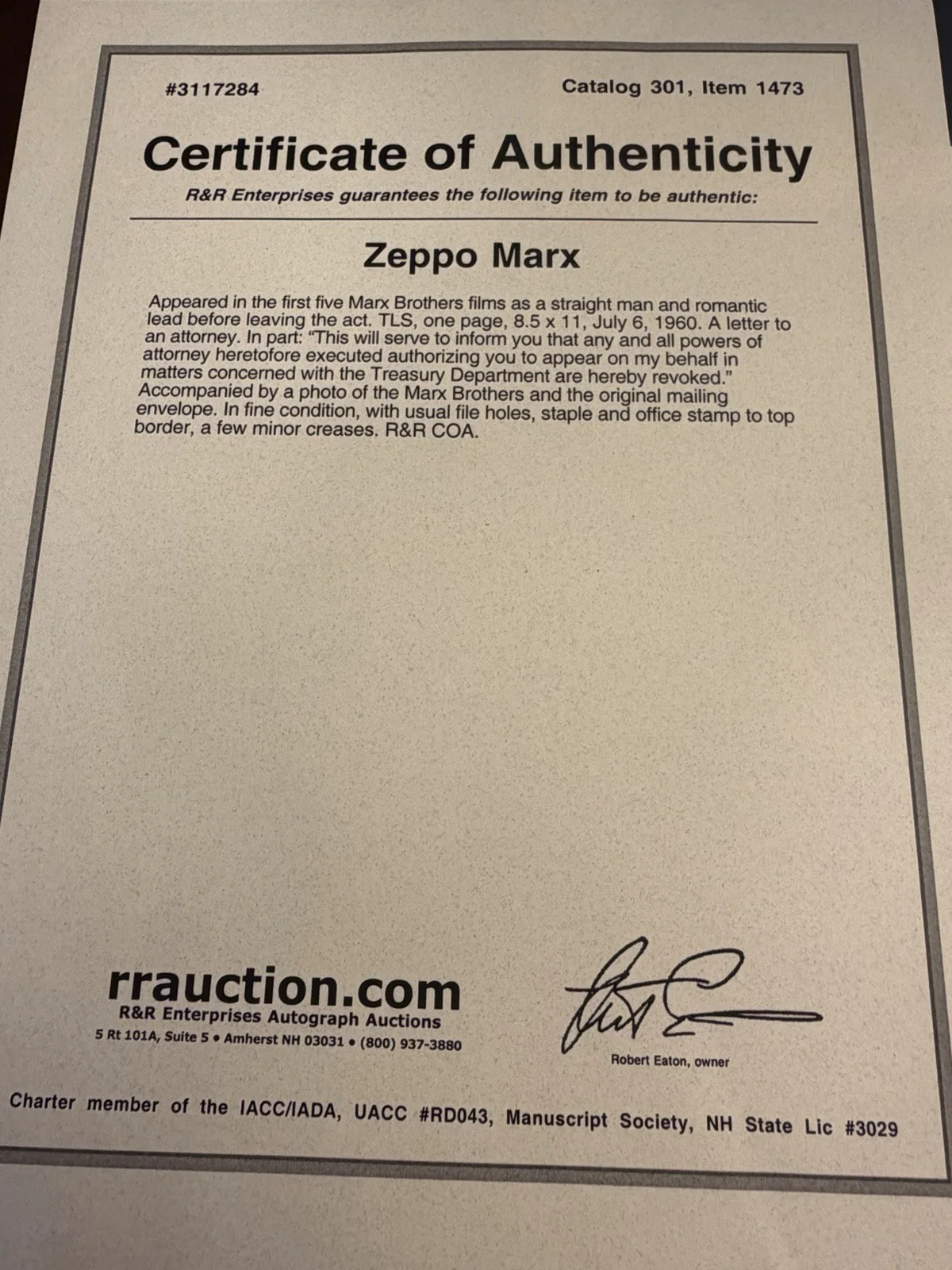 1960 Zeppo Marx TLS Typed Letter Signed Rare With COA Actor, image 4
