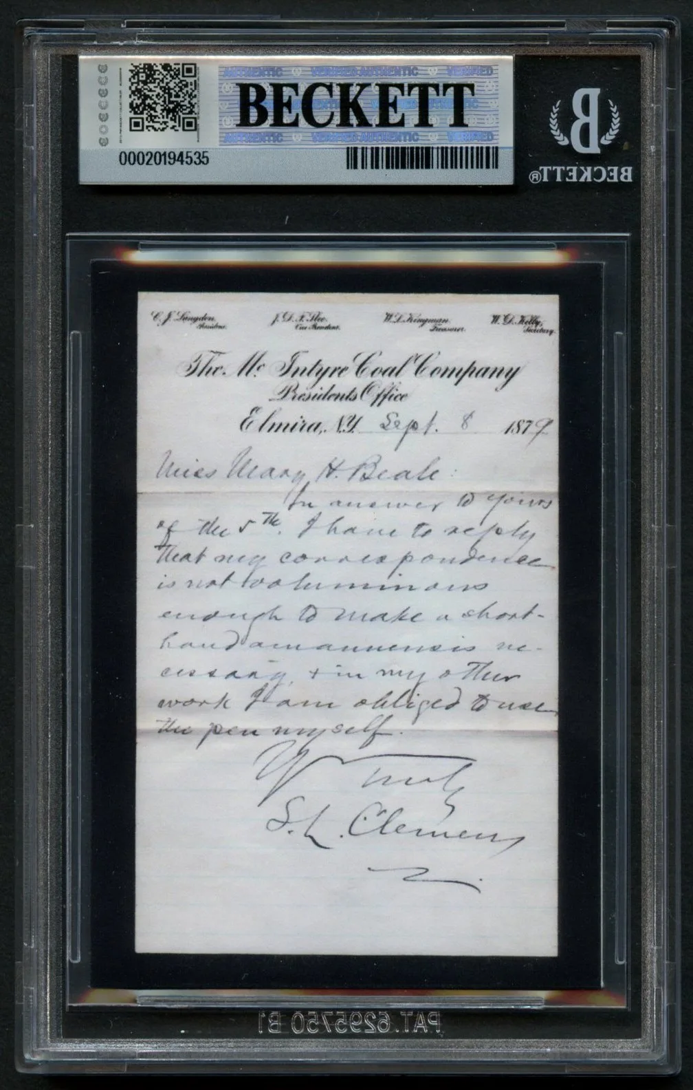 Mark Twain HANDWRITTEN WORD "to make" Custom Cut Card BAS Slabbed Read DESC!, image 2