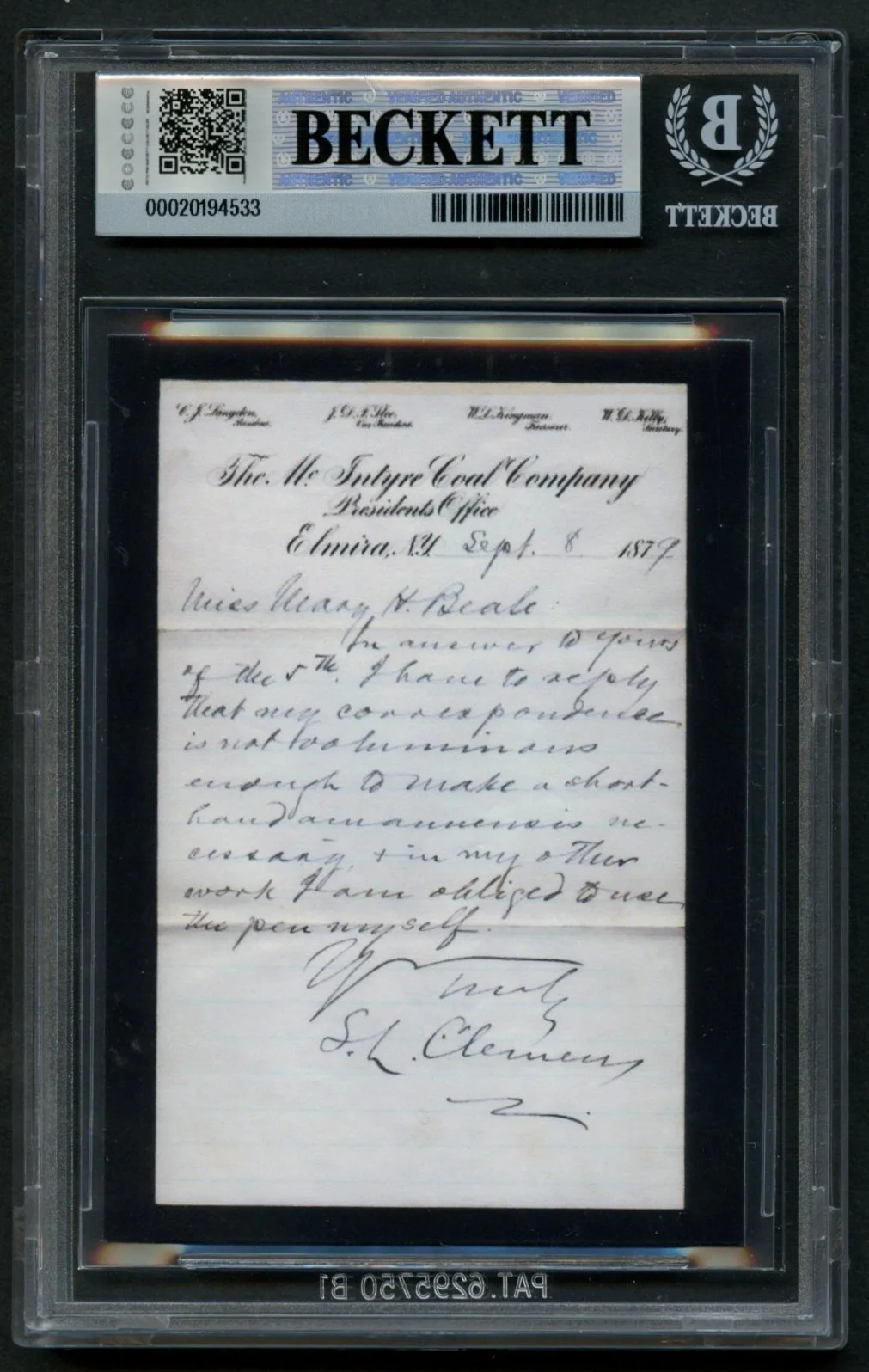 Mark Twain HANDWRITTEN WORD "use" Custom Cut Card BAS Slabbed Read DESC!, image 2