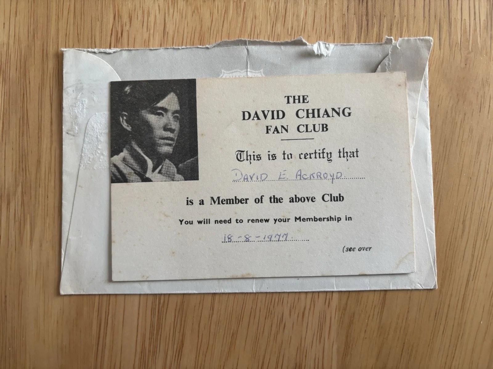 David Chiang Fan Club Membership Card 1977 Shaw Brothers Kung Fu, изображение 2