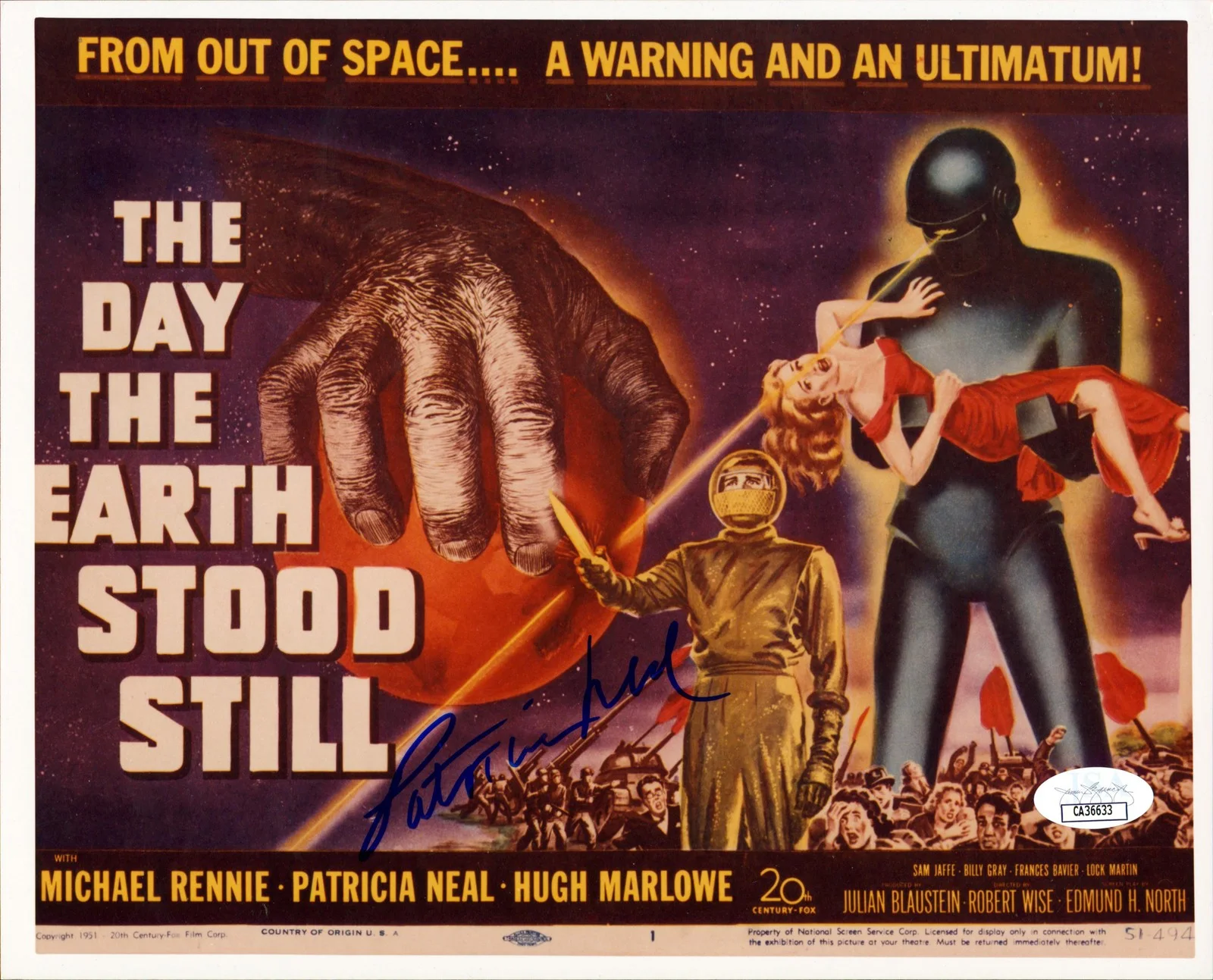 Patricia Neal — Patricia Neal The Day The Earth Stood Still Signed 8x10 Photo JSA #CA36633